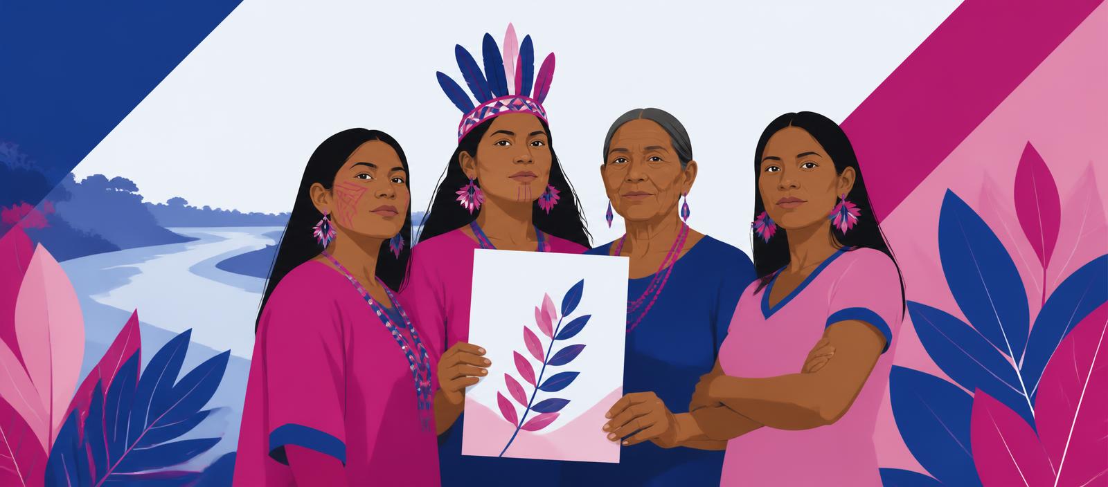 Ilustração de mulheres amazonenses juntas segurando um documento de direitos