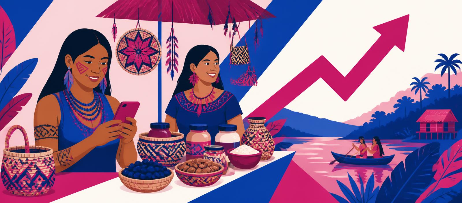 Ilustração de empreendedoras amazonenses vendendo artesanato e produtos regionais