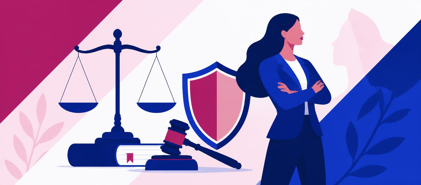 Ilustração com balança da justiça, livro de leis e escudo de proteção